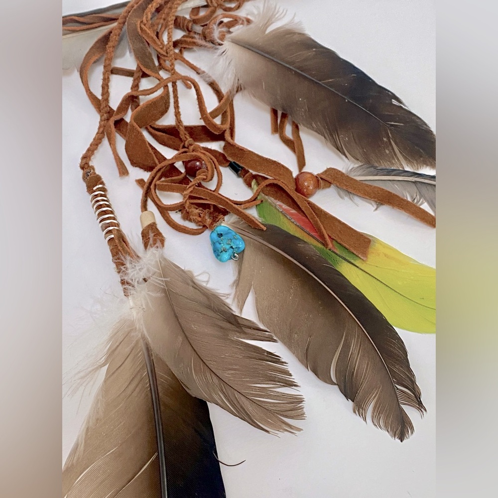 OOAK tribal brown leather feather clip set. Festival Burning Man